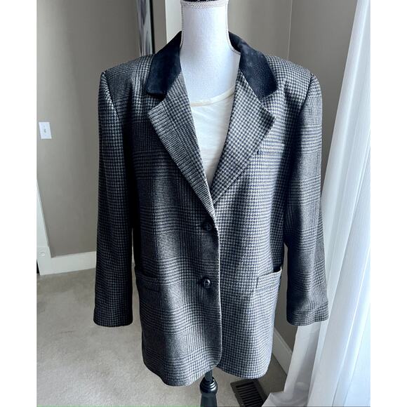 Vtg East End black plaid classic blazer with leather collar size L - Picture 4 of 7